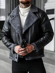 Manfinity CasualCool Giacca casual con fodera termica, collo a bavero, manica lunga, vestibilità ampia, adatta per uomo, in pelle nera, stile biker, per autunno/inverno, per uso quotidiano, tempo libero, weekend, attività all'aperto, viaggi, ambienti di lavoro rilassati o occasioni semi-formali, regalo per il fidanzato/marito, regalo per anniversario, Natale - nero - Visualizzare 3