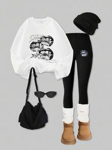 SHEIN Explorewe Streecool Tween Girl 2pcs Set: White Crew Neck Teddy Bear Graffiti Print Loose Sweatshirt And Casual Sweatpants - White - View 1