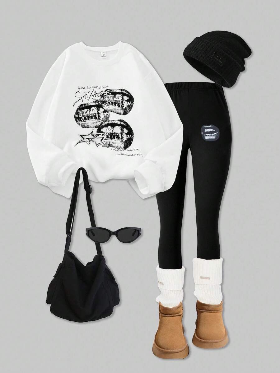 SHEIN Explorewe Streecool Tween Girl 2pcs Set: White Crew Neck Teddy Bear Graffiti Print Loose Sweatshirt And Casual Sweatpants - White - View 1