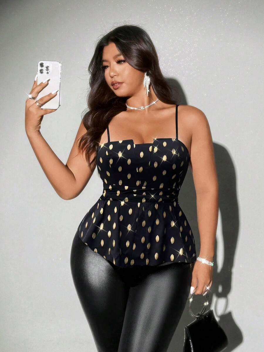 Viva Relle Plus Size Women Elegant Commuter Gold Foil Print Belted Camisole Top - Black - View 1