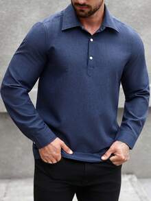 Manfinity Homme Men's Solid Color Polo Collar Long Sleeve Casual Commuter Shirt Navy Blue Men Shirt Blue Tops For Men Royal Blue Shirt For Men Blue Designer Shirt - Navy Blue - View 6