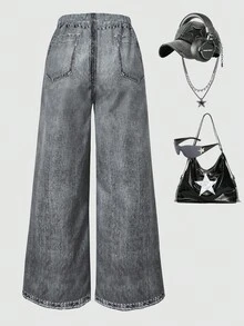 SHEIN ChillGRL 青少年女孩宽松仿牛仔印花阔腿裤，适合休闲、度假、街头风格和派对