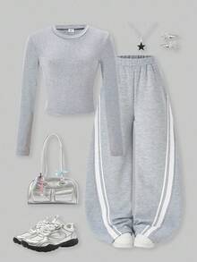 SHEIN ChillGRL 2 件套青少年女孩街头风格短款长袖圆领 T 恤搭配撞色饰边喇叭裤，适合日常、休闲、旅行、聚会、街头风格 - 灰色 - 查看 1