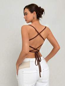 Aloruh 浪漫系领露背蕾丝白色吊带背心（女士款） - 棕色 - 查看 2