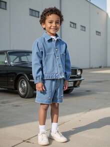 Vacaura Young Boys Denim Set, Casual Fashion Cool Jacket, Printed Denim Top & Shorts, Daily Street & Holiday Outfit