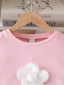 SHEIN 少女优雅花卉装饰圆领短袖T恤+纯色半裙两件套 - 粉色 - 查看 4