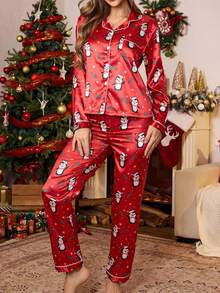 2 Piece Sets Women & Teen GirlElegant Plaid Satin Fabric Cardigan & Pants Casual Comfortable Pajama Set Teen Christmas Pajamas Teen Girl Clothes Teen Girl Sleep Wear - Red - View 7