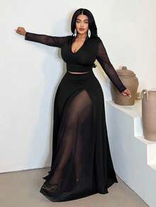 SHEIN PETITE CURVE Women's Elegant And Sophisticated Two-Piece Set For Spring And Autumn: A Black Deep-V Sheer Long-Sleeved Top And Black Midi Skirt, Plus-Size And Slimming Evening Wear. Perfect For Girls' Outings, Parties, Holidays, New Year's, Valentine's Day, And Summer.