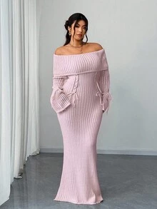 Elenzga Váy len buộc eo trễ vai màu trơn cỡ lớn cho nữ - Hồng - Xem 6