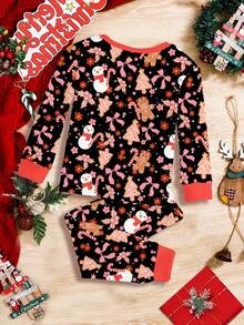 SHEIN Baby Girl Black Autumn Casual Birthday Christmas Gift,Cute Pink Bow Gingerbread Snowflake Snowman Long Sleeve Top And Pants Loungewear Snug Fit Set - Multicolor - View 3