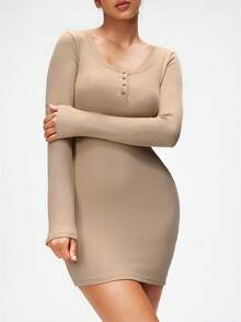 SHAPORA Women's Solid Color Minimalist Long Sleeve Nightgown, Everyday Wear, Winter - Apricot - View 6