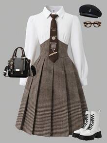 SHEIN 青少年女孩学院风拼接千鸟格褶边长袖休闲连衣裙 - 摩卡棕 - 查看 3