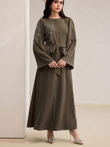 Al Najma Women's Elegant Rhinestone Decorated Waist Belt Abaya Dress - Purple - View 5