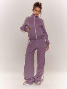 MUSERA 高领撞色条纹包边拉链夹克运动上衣（仅上衣）可爱秋季休闲工作街头风运动职业装商务休闲优雅春夏 - 紫色 - 查看 2