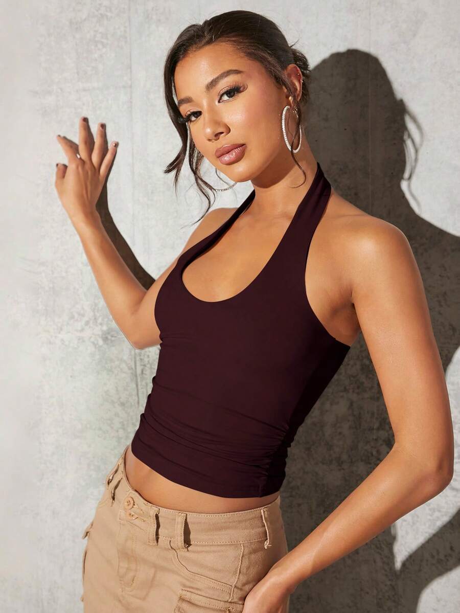 SHEIN BAE Top Ajustada Casual Feminina de Cor Sólida com Decote Halter e Costas Abertas - bordô - Visão 1