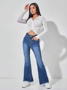 SHEIN PETITE 休闲水洗低腰修身喇叭牛仔裤 - 中等水洗藍 - 查看 3