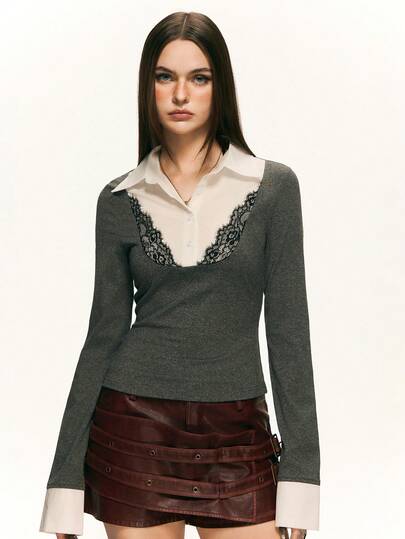 Rina Fox 女士新款秋冬亚洲风情二合一蕾丝性感衬衫，撞色翻领长袖休闲上衣