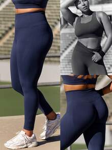 GLOWMODE 24英寸加大码无缝紧身裤，收腹提臀高腰设计，中等强度跑步慢跑训练健身房锻炼 - Dark Blue - 查看 10