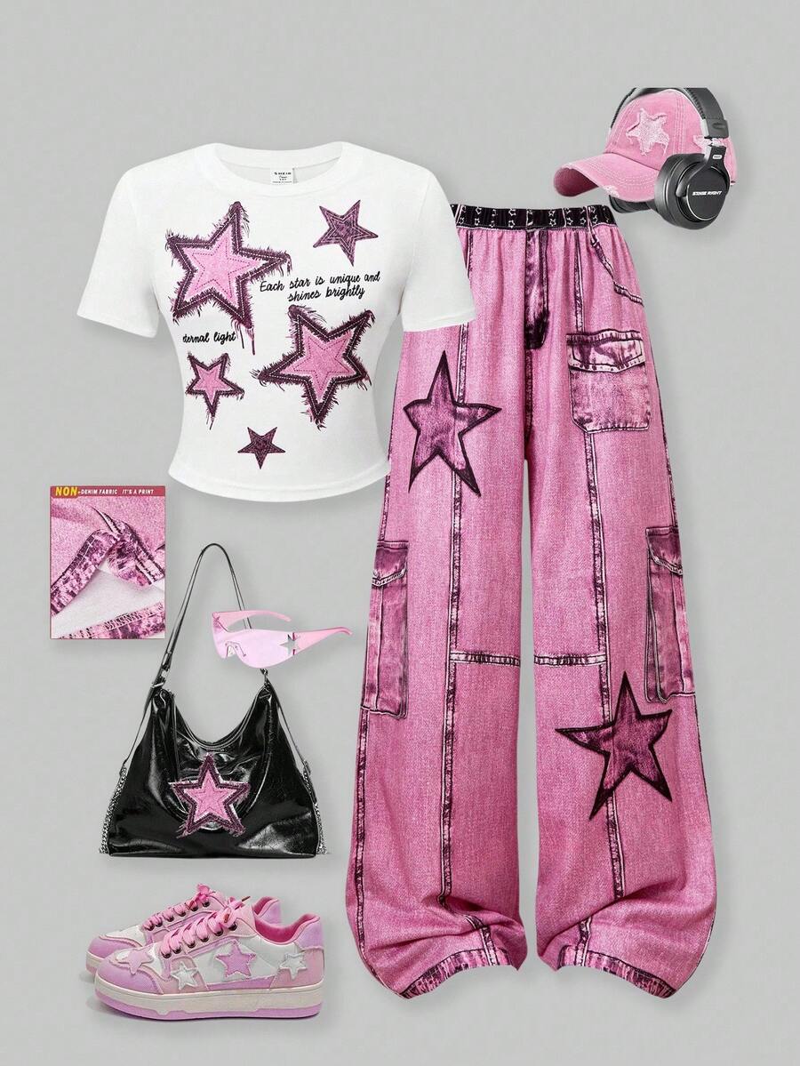 SHEIN ChillGRL Set de 2 piezas con camiseta de cuello redondo con estampado de estrellas y pantalones vaqueros anchos de pierna ancha estampados, outfit casual de verano para chicas adolescentes - Rosa Pálido - Ver 1