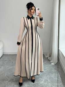 SHEIN Elenzya Elegant Romantic Commuting Professional Color Block Shirt Collar Dress - Apricot - View 1