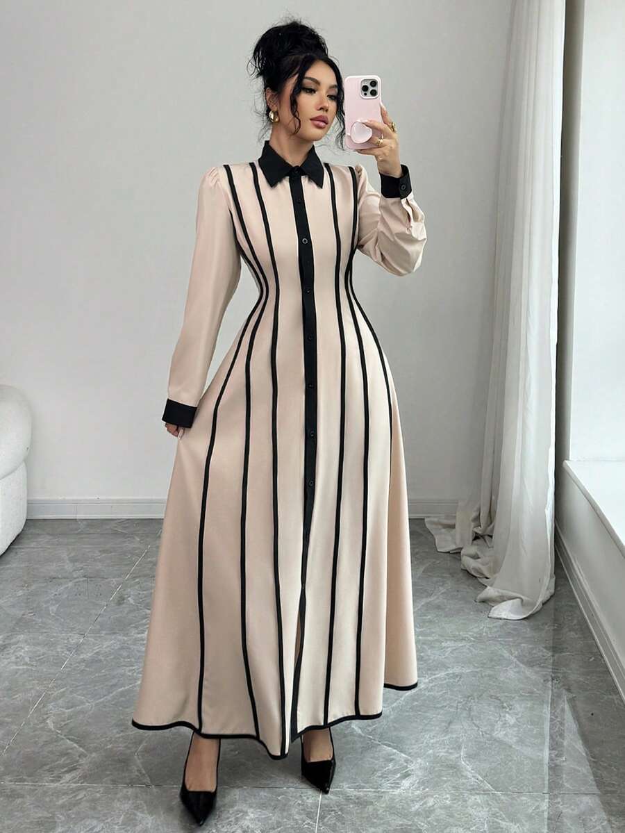 SHEIN Elenzya Elegant Romantic Commuting Professional Color Block Shirt Collar Dress - Apricot - View 1