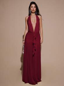 MSSHEIN  Vestido maxi de mujer elegante, minimalista y sexy de color amarillo crema con cuello en V profundo, halter, ajustado, fruncido y de malla - Burdeos - Ver 3