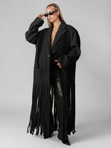 MISSGUIDED Abrigo sastre con hombreras sobredimensionadas y detalles de flecos, prenda de abrigo de declaración de invierno y otoño, chaqueta larga tipo duster - Negro - Ver 6