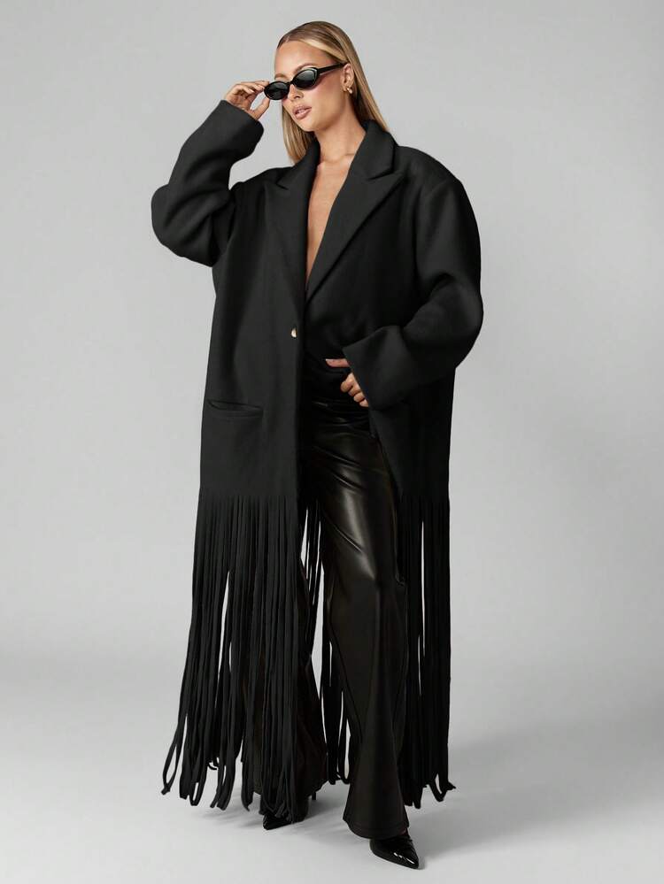 MISSGUIDED Oversized Shoulder Pad Tailored Coat With Fringe Detail Winter Fall Statement Outerwear Long Duster Jacket