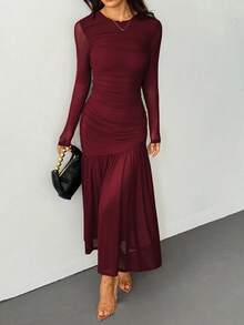 SHEIN PETITE 女士长袖圆领网眼连衣裙，适合秋季当季服装、返校服装、教师服装 - 酒紅色 - 查看 9