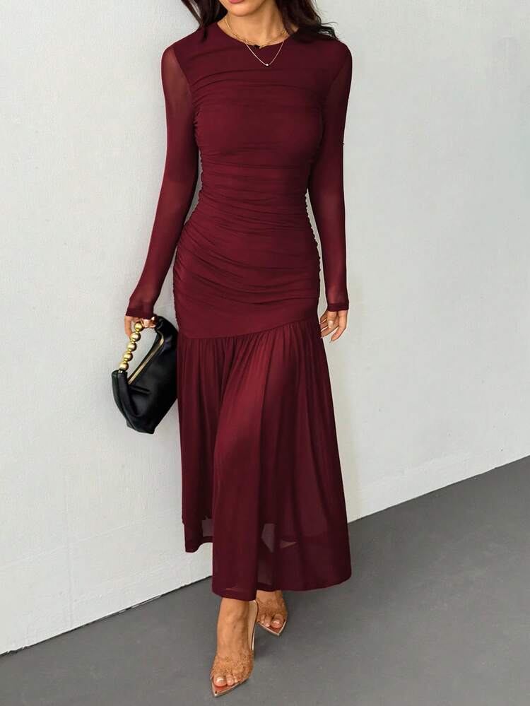 SHEIN PETITE 女士长袖圆领网眼连衣裙，适合秋季当季服装、返校服装、教师服装 - 酒紅色 - 查看 9