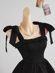 Elamini Women's Jacquard Fabric Tie Shoulder Knot Waist Splice Ruched Double-Layer A-Line Mini Dress - Black - View 5