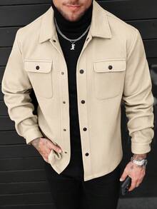 Manfinity Homme 男士纯色常规肩宽长袖前开襟羊毛混纺休闲外套 - 杏色 - 查看 4