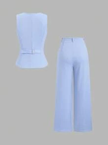 Sweetra Bộ đồ dệt kim cao cấp tối giản, cổ điển, thanh lịch dành cho nữ - Áo vest không tay và quần ống rộng ống đứng - Xanh và trắng - Xem 2