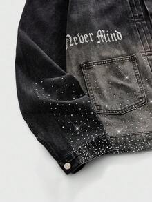 ROMWE MEN Men's Letter Print Long Sleeve Single-Breasted Rhinestone Denim Jacket, Casual Wear - Black - View 4