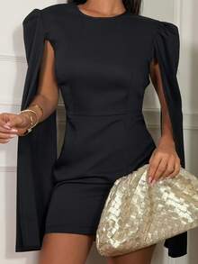 Ronhire Cloak Sleeve Open Back O-Ring Zip Up Dress,Country - Black - View 3