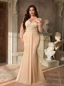 Aureia Plus Size Elegant Romantic Apricot Deep V-Neck Floral Decor Waist Ruched Mermaid Hem Formal Evening Gown