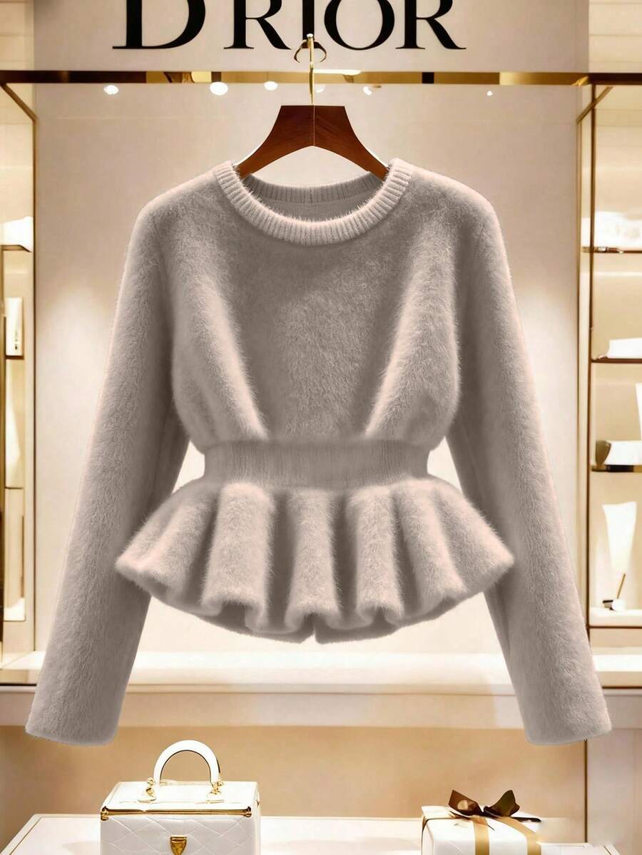 Franclia New Autumn/Winter Gentle Lady Style Waist Ruffle Trim Women Sweater - Mocha Brown - View 1
