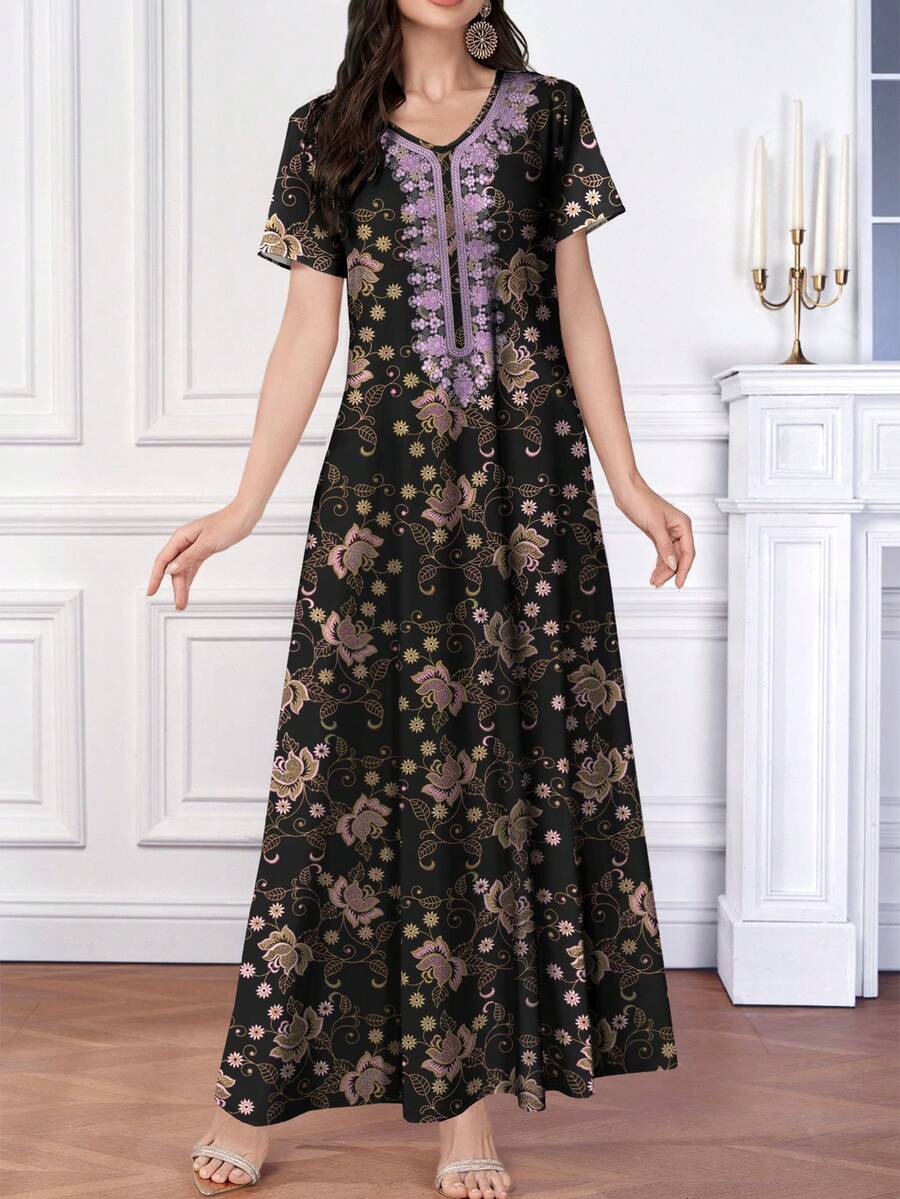 Al Najma Women's Floral & Leaf Digital Print V-Neck Long Sleeve Elegant Arabic Style Dress, Spring/Autumn - Multicolor - View 1