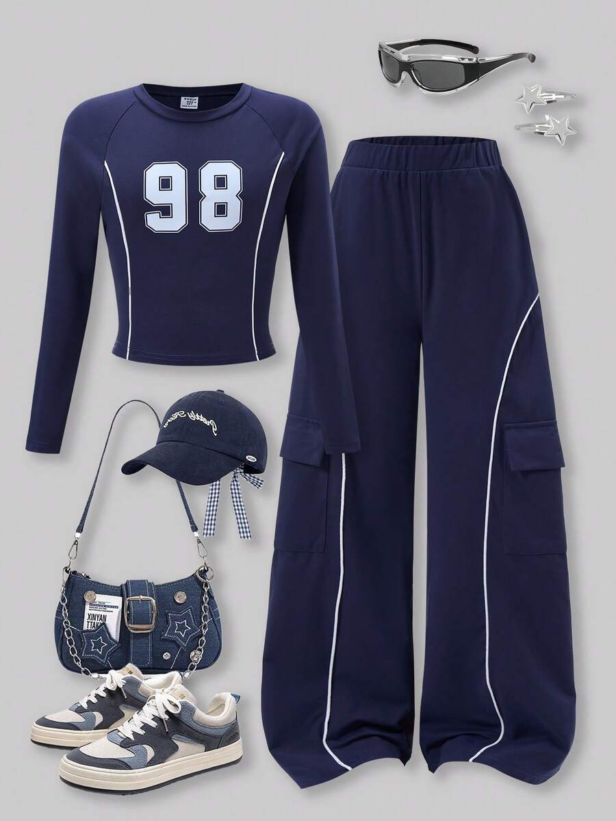 SHEIN Explorewe 2pcs/Set Tween Girls' Casual Navy Blue Raglan Sleeve T-Shirt & Cargo Pants Suit,Autumn Cow Boy School Back-To-School Patchwork Design Print Outfit - Royal Blue - View 1
