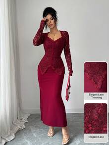 Modelyn Đầm ôm body midi cổ vuông phối ren, thắt nút eo dành cho nữ - Màu Đỏ Sâu - Xem 6