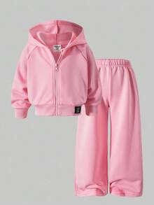 SHEIN ChillGRL Streecool Young Girl Casual College Style Young Girl Versatile Small Logo Hooded Loose Fit Zip-Up Sweatshirt And Wide Leg Sweatpants Set, Suitable For Casual And Sports Fall Winter