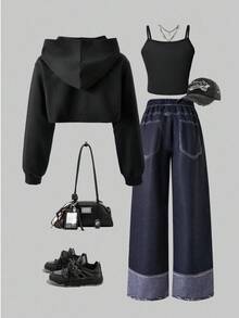 SHEIN ChillGRL Streecool 儿童休闲青少年女孩宽松街头风格牛仔印花裤、短款吊带背心、长袖连帽网眼衬衫三件套服装，时尚