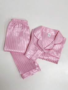 少女舒适条纹前扣长袖上衣和裤子睡衣套装，秋季 - 粉色 - 查看 4