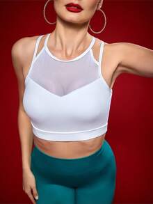 Menodora SHEIN Sport 女士纯色网眼拼接露背运动文胸 - 白色 - 查看 6