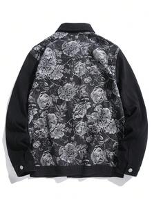 Chillumni Men's Black Autumn/Winter Washed  Loose Fit Jacquard Print Patchwork Black Rose Graphic Denim Jacket - Black - View 2