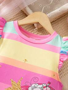 Elladie kids Vestido fofo de manga curta e gola redonda com estampa de unicórnio para menina jovem - Multicolorido - Visão 4