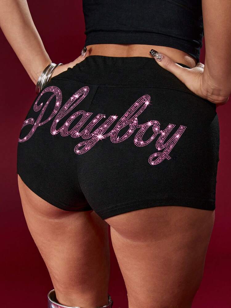Missguided x Playboy Hotpants mit Strass-Verzierung und Schrift-Detail, Sommer Festival Shorts für lässiges Wochenend-Outfit