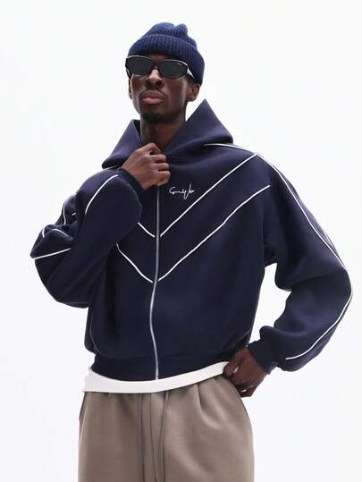 SUMWON Regular Men Full Zip Hoodie With White Piping Embroidered Script Logo Long Sleeve Casual Sweatshirt Streetwear Plain
