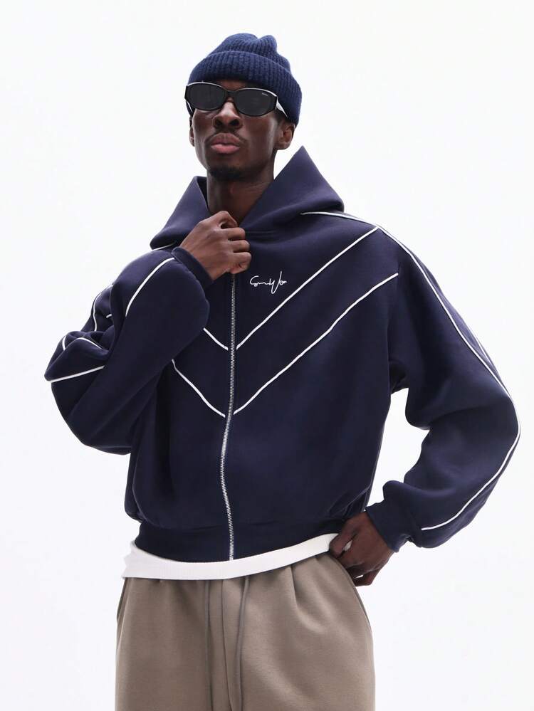 Felpa con cappuccio e zip intera con profili bianchi