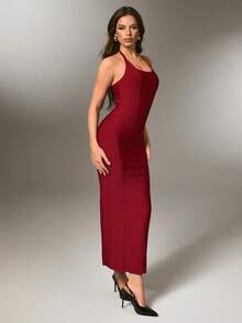 Nuvra 女士酒红色紧身绷带无袖吊带中长连衣裙 - 酒紅色 - 查看 6